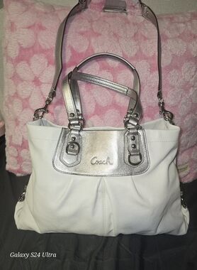 Nwt Coach Ashley satchel white featuring silver metallic accents